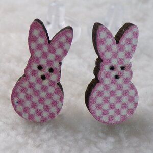 Pink Checkered Easter Peeps Bunny Earrings NEW